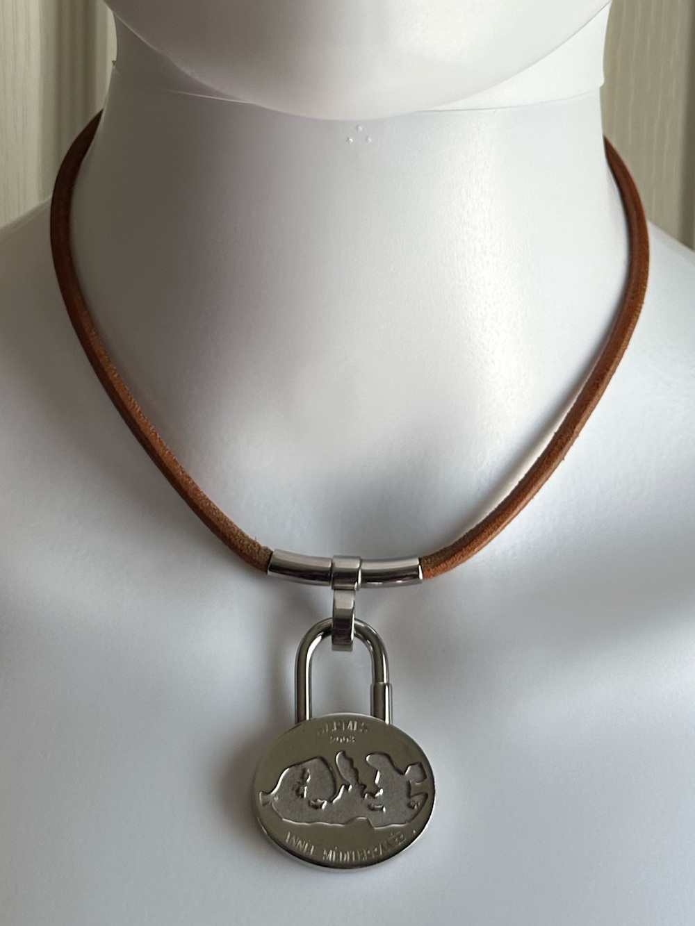 Hermes Brown Leather Choker Necklace With Silver Padlock Pendant